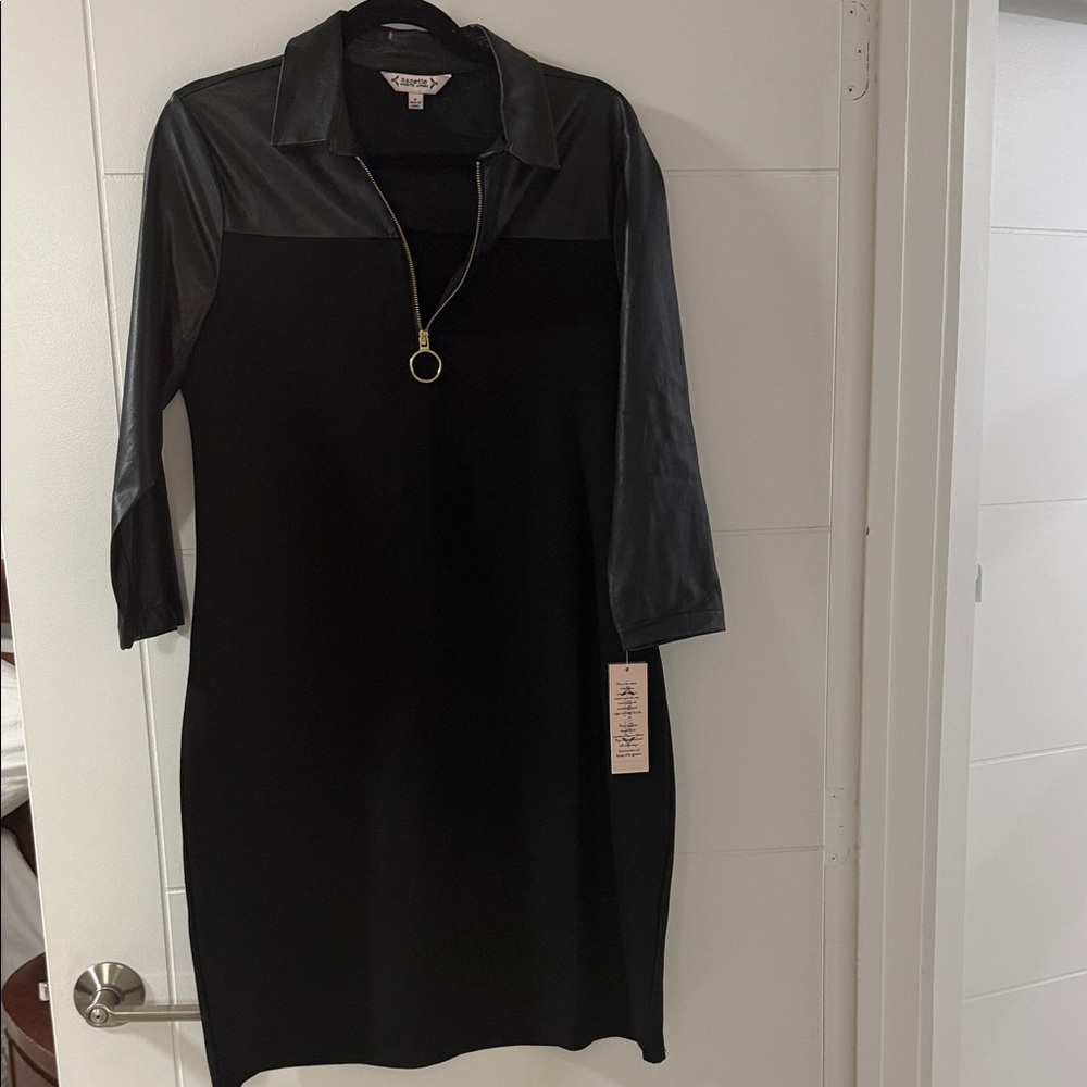 Nanette Lepore Black Faux-Leather Trim Zip Collared Long Sleeve Dress
